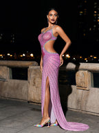Maxi Vestido de Cristal en Tonos Gris y Rosa Fucsia