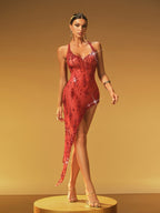 Vestido Midi Rojo con Abertura y Detalles de Rhinestones Haelin