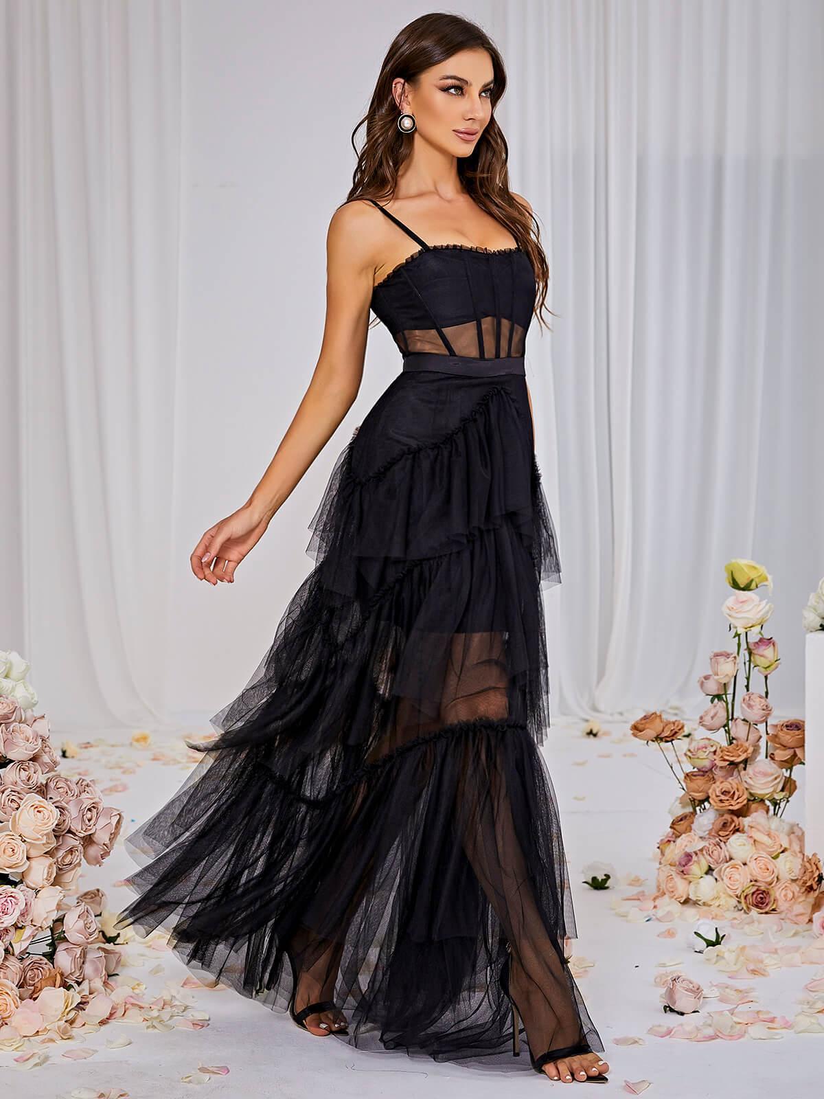 Maxi Vestido de Malla Inaya en Color Negro
