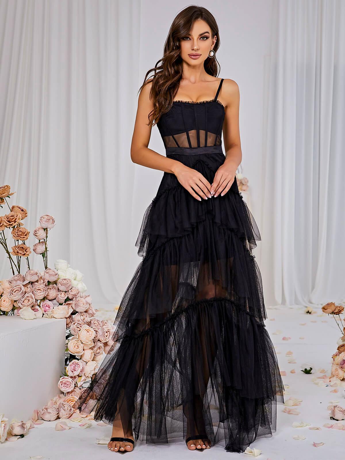 Maxi Vestido de Malla Inaya en Color Negro