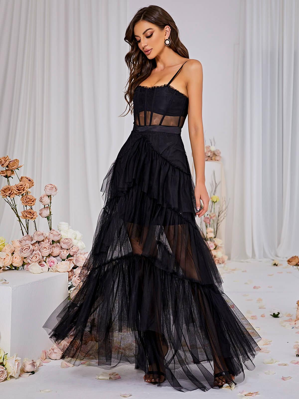 Maxi Vestido de Malla Inaya en Color Negro