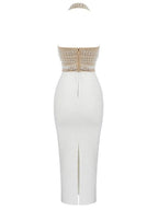 Vestido Halter Beige Isabella con Detalles de Perlas Bandage