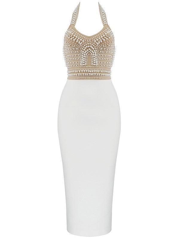 Vestido Halter Beige Isabella con Detalles de Perlas Bandage