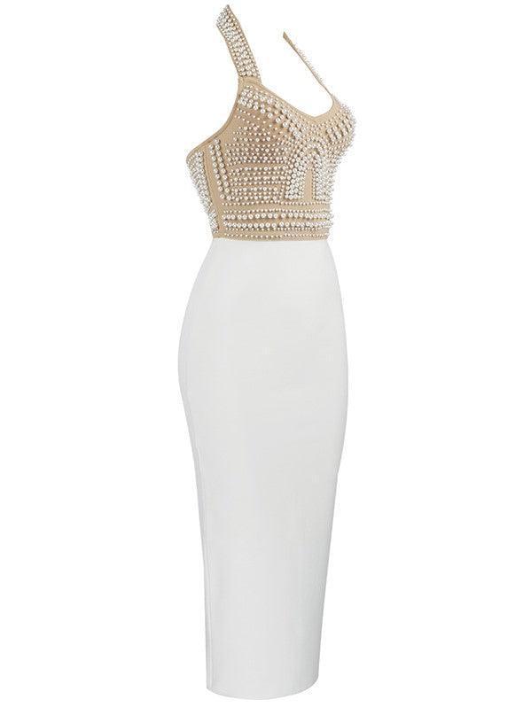 Vestido Halter Beige Isabella con Detalles de Perlas Bandage