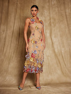 Vestido Midi con Bordado Floral Kohen y Cuello Halter