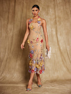 Vestido Midi con Bordado Floral Kohen y Cuello Halter