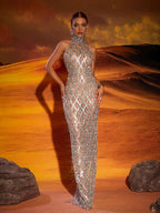 Maxi Vestido Liora en Nude Claro con Cristales y Lentejuelas