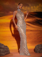 Maxi Vestido Liora en Nude Claro con Cristales y Lentejuelas