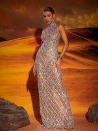 Maxi Vestido Liora en Nude Claro con Cristales y Lentejuelas