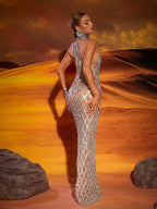 Maxi Vestido Liora en Nude Claro con Cristales y Lentejuelas