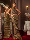Vestido Maxi Liora en Oro con Lentejuelas y Cristales