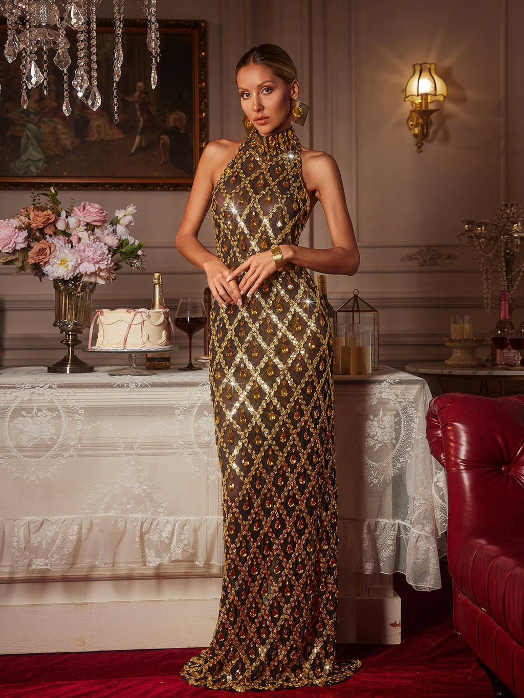 Vestido Maxi Liora en Oro con Lentejuelas y Cristales