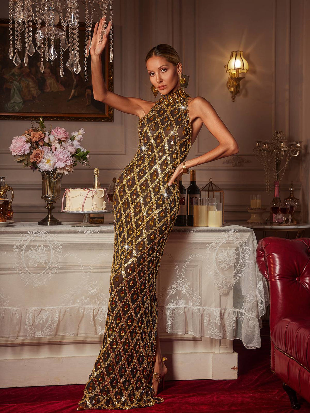 Vestido Maxi Liora en Oro con Lentejuelas y Cristales