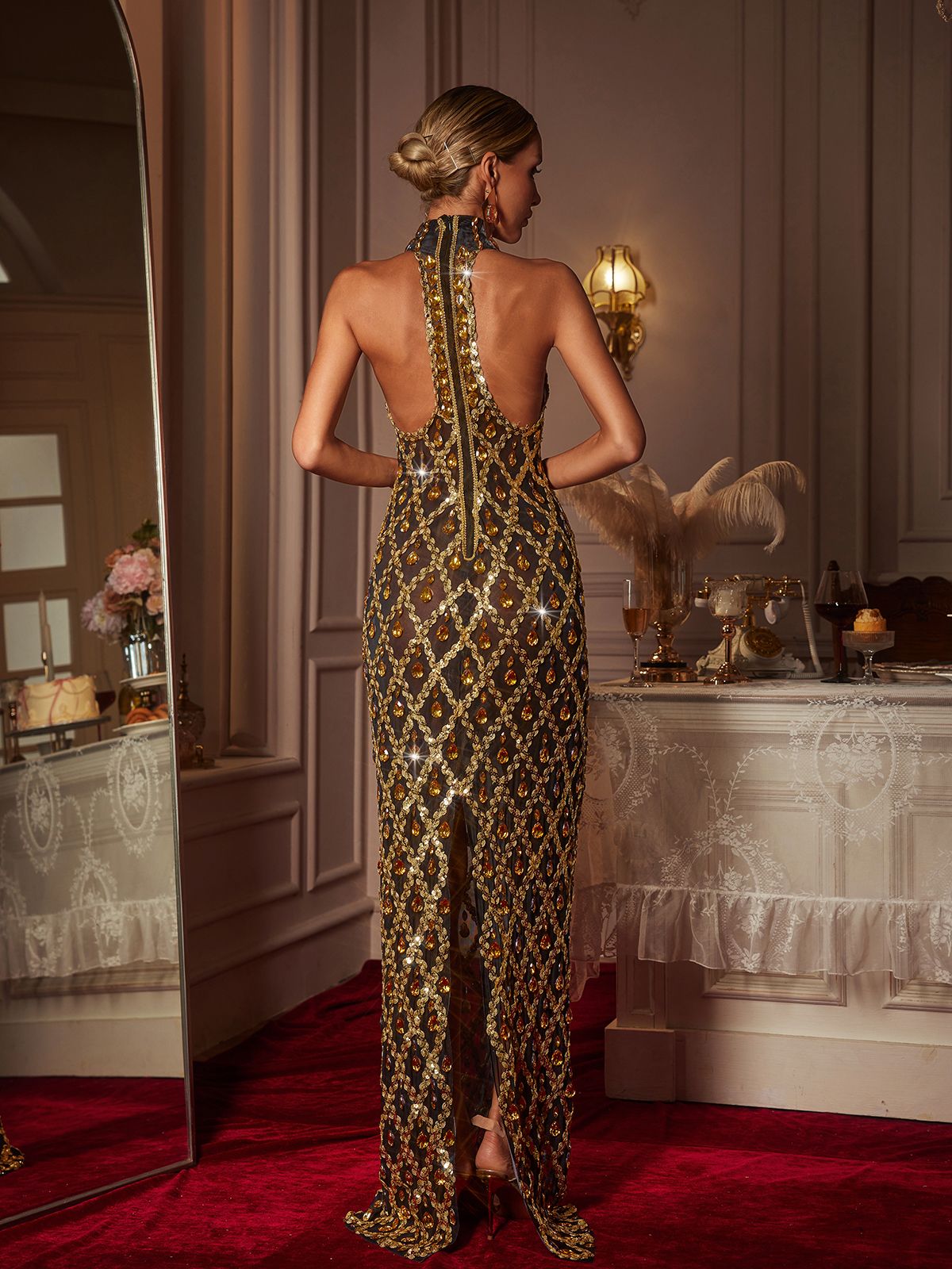 Vestido Maxi Liora en Oro con Lentejuelas y Cristales