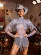Vestido Bodycon con Flecos de Strass Lorvain en Plata