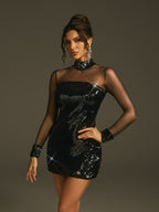 Vestido Corto de Malla con Lentejuelas y Manga Larga Marilee