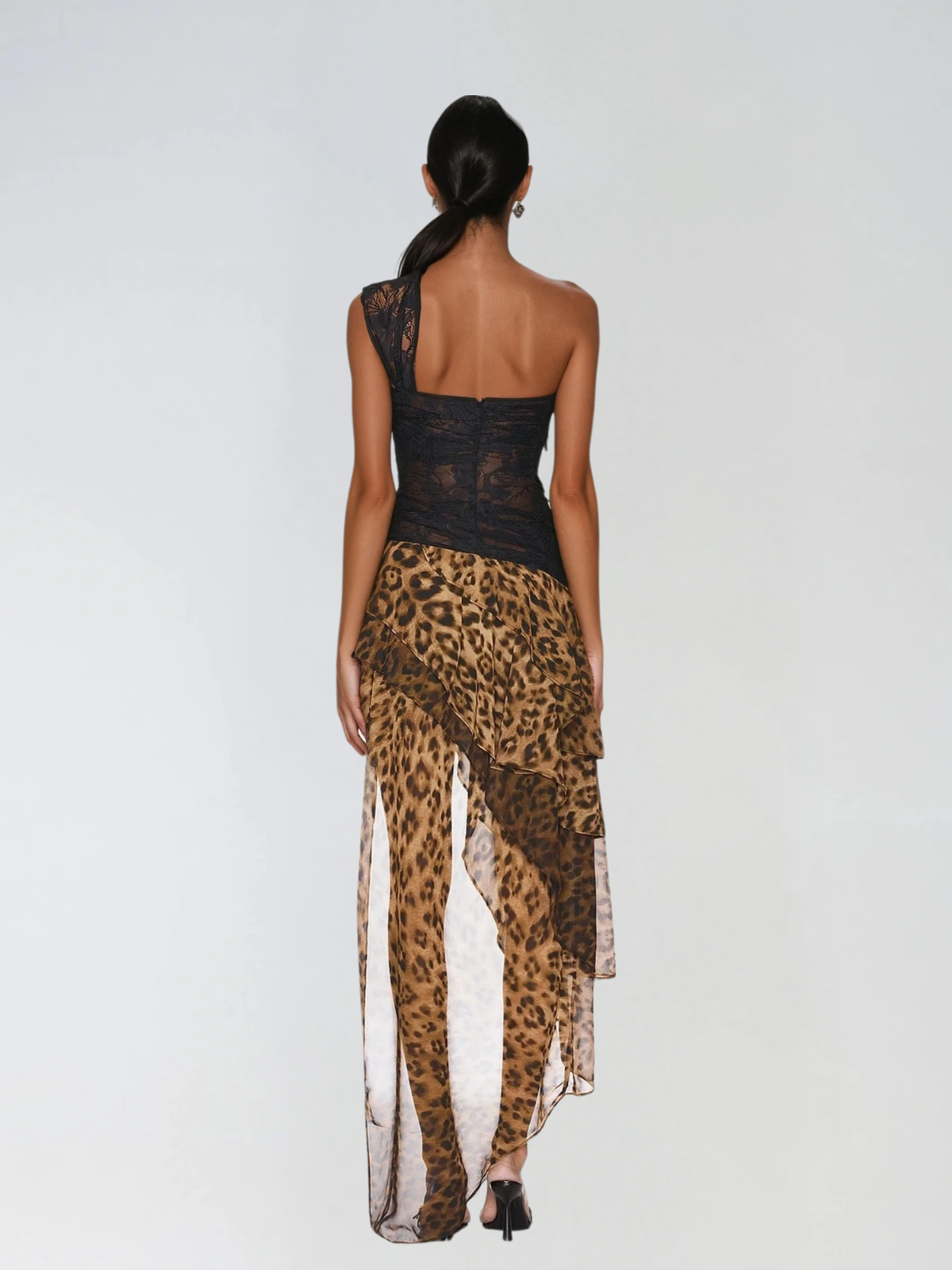 Maxi Vestido de Leopardo con Encaje de Un Hombro Raelira