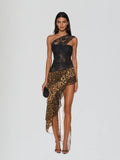 Maxi Vestido de Leopardo con Encaje de Un Hombro Raelira