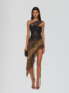Maxi Vestido de Leopardo con Encaje de Un Hombro Raelira