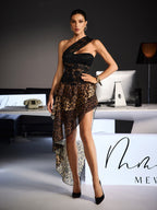 Maxi Vestido de Leopardo con Encaje de Un Hombro Raelira