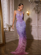 Vestido Maxi Saelyvira en Púrpura con Rhinestones y Flecos