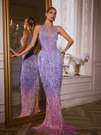 Vestido Maxi Saelyvira en Púrpura con Rhinestones y Flecos