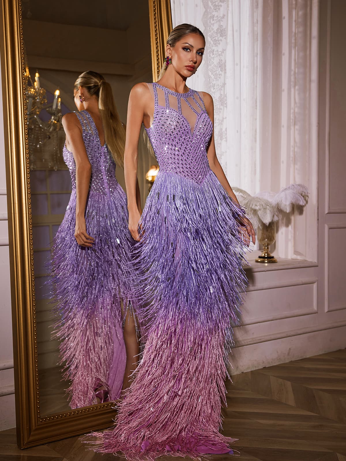 Vestido Maxi Saelyvira en Púrpura con Rhinestones y Flecos