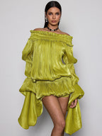 Conjunto de Vestido Arrugado Salyxen Off Shoulder en Color Chartreuse
