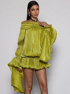 Conjunto Salyxen de Vestido Arrugado sin Hombros en Color Chartreuse