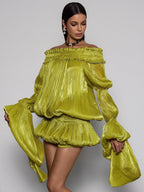 Conjunto de Vestido Sin Hombros Arrugado Salyxen en Color Chartreuse
