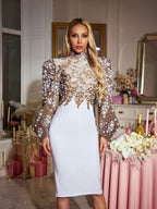 Vestido Midi Sovryn con Perlas y Mangas Abullonadas