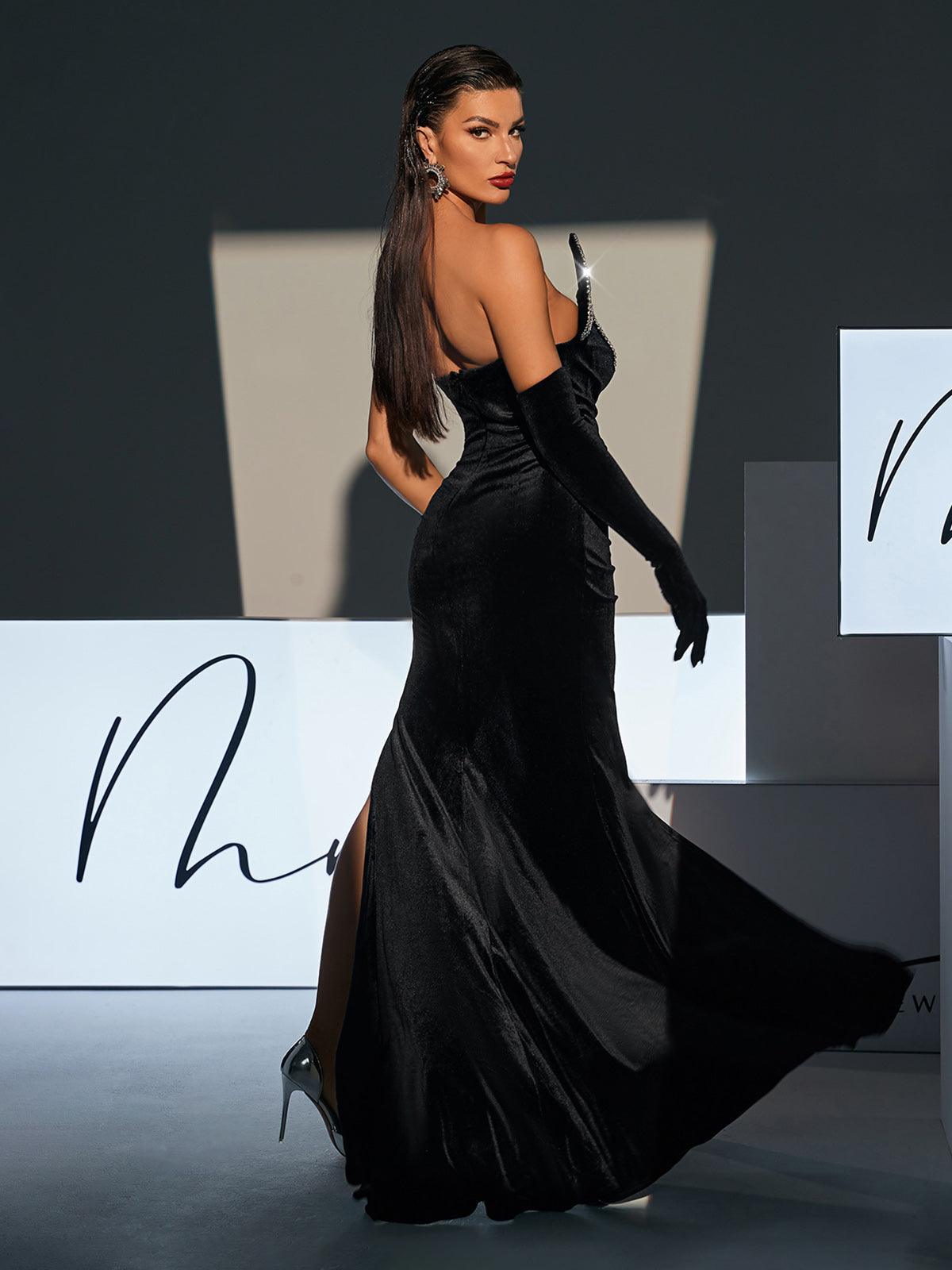 Vestido Maxi Sin Tirantes de Terciopelo Cristalino Torin