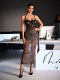 Vestido Largo de Encaje con Estampado de Leopardo y Tirantes Finos Xanriel en Color Marrón