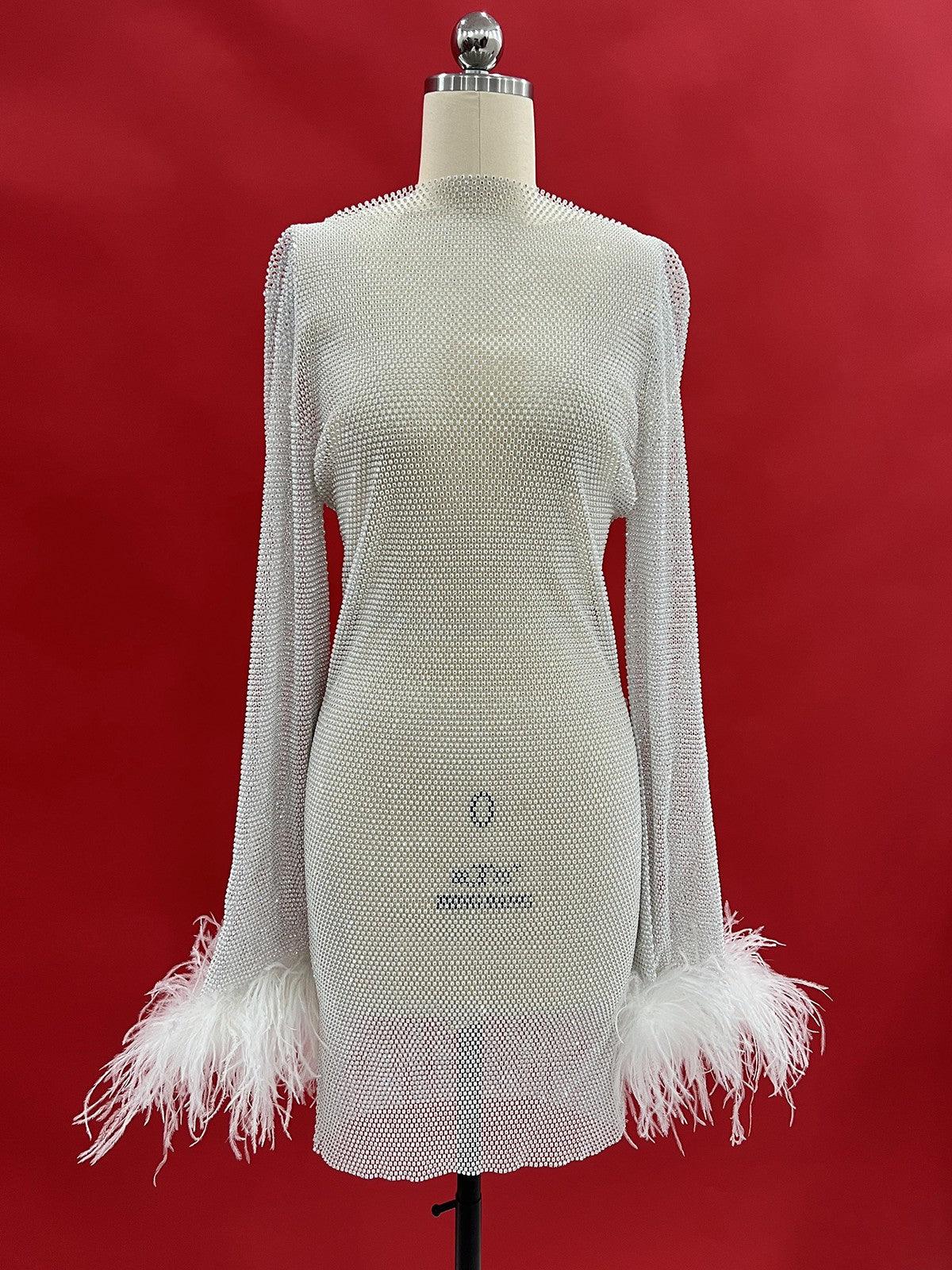 Vestido Corto de Malla con Rhinestones Xanthe en Color Blanco