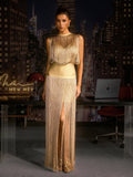 Vestido Maxi de Vendaje con Flecos Zavelyn en Dorado