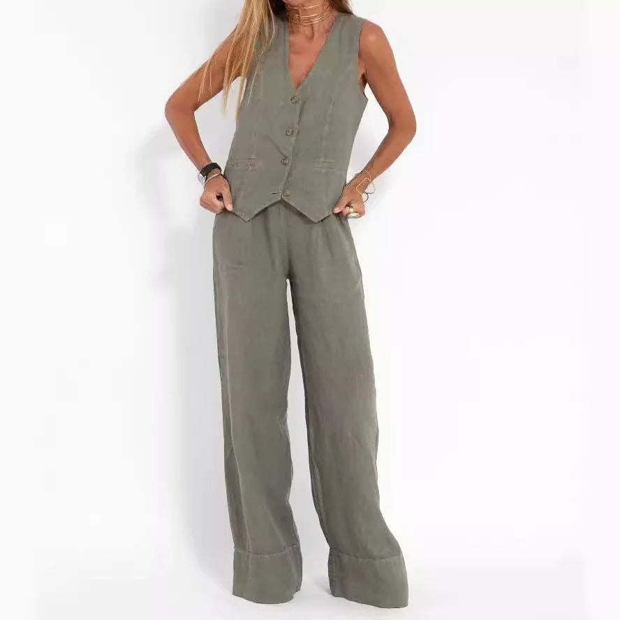 Abril | Conjunto de Chaleco Personalizado y Pantalones de Pierna Ancha de Algodón