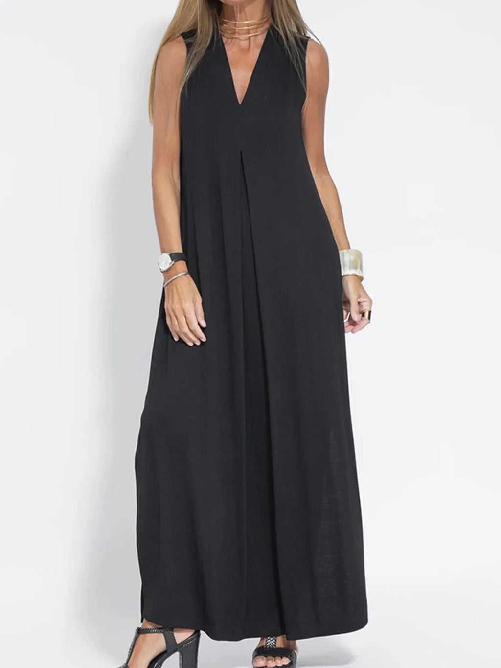 Vestido Maxi de Talla Grande Sin Mangas con Cuello en V