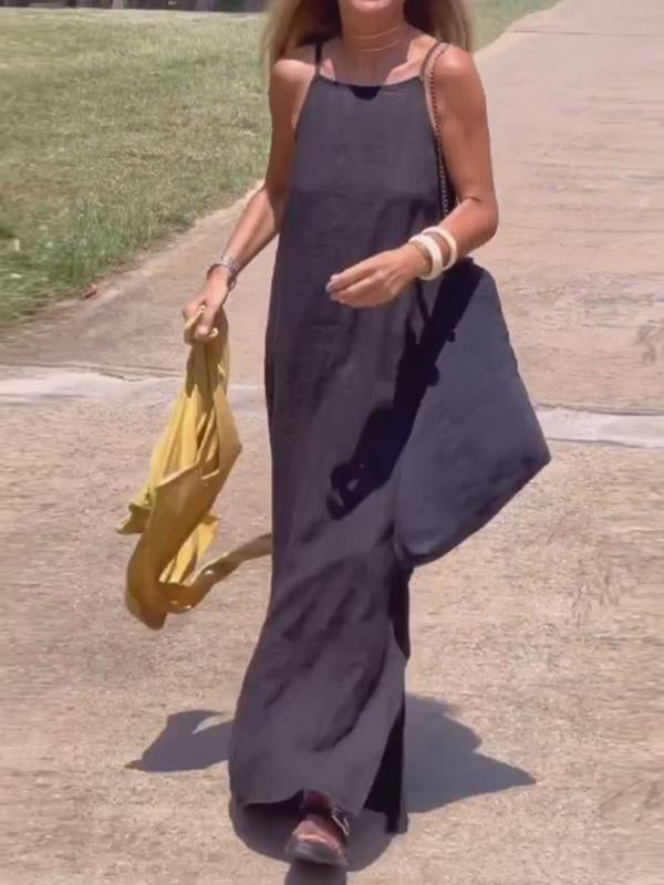Vestido largo casual de algodón y lino para mujer