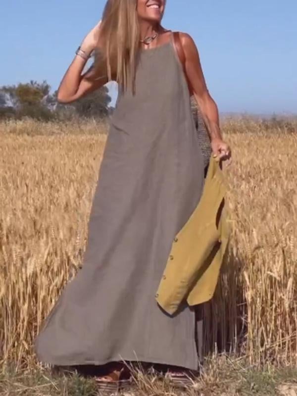 Vestido largo casual de algodón y lino para mujer