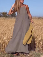 Vestido largo casual de algodón y lino para mujer