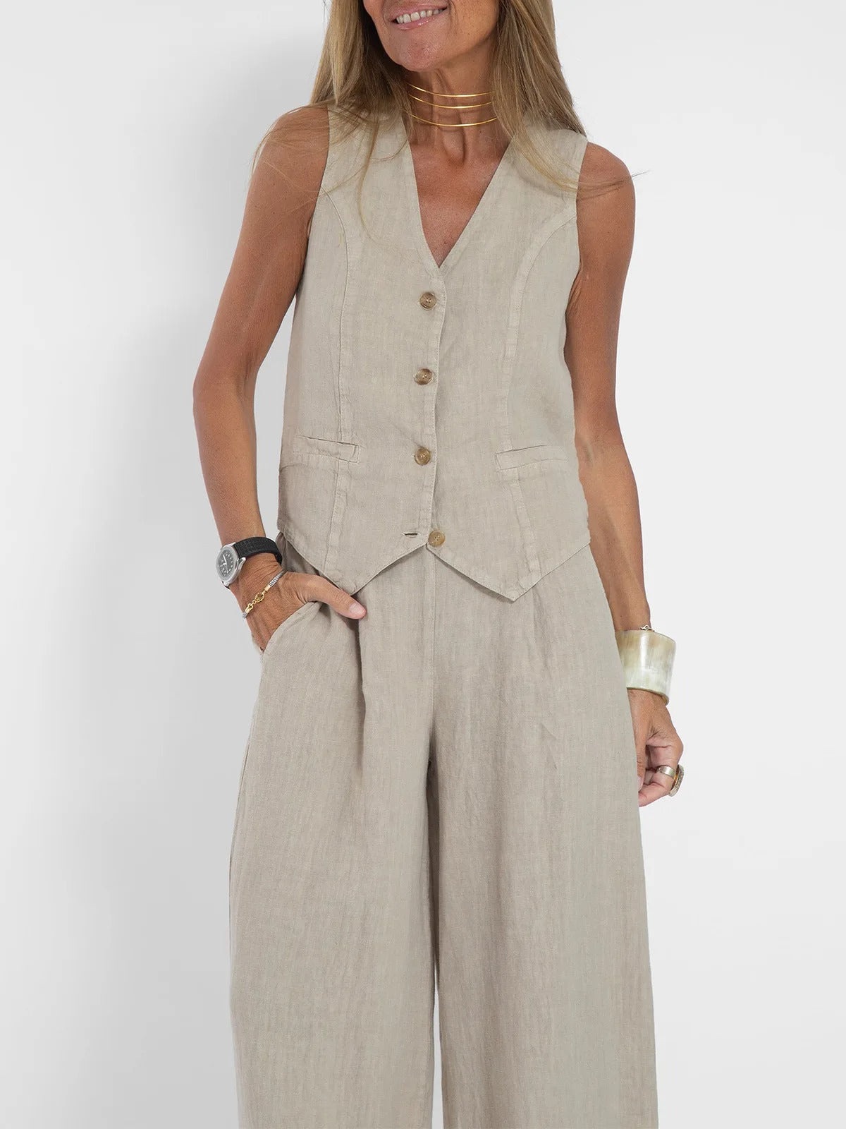 Abril | Conjunto de Chaleco Personalizado y Pantalones de Pierna Ancha de Algodón