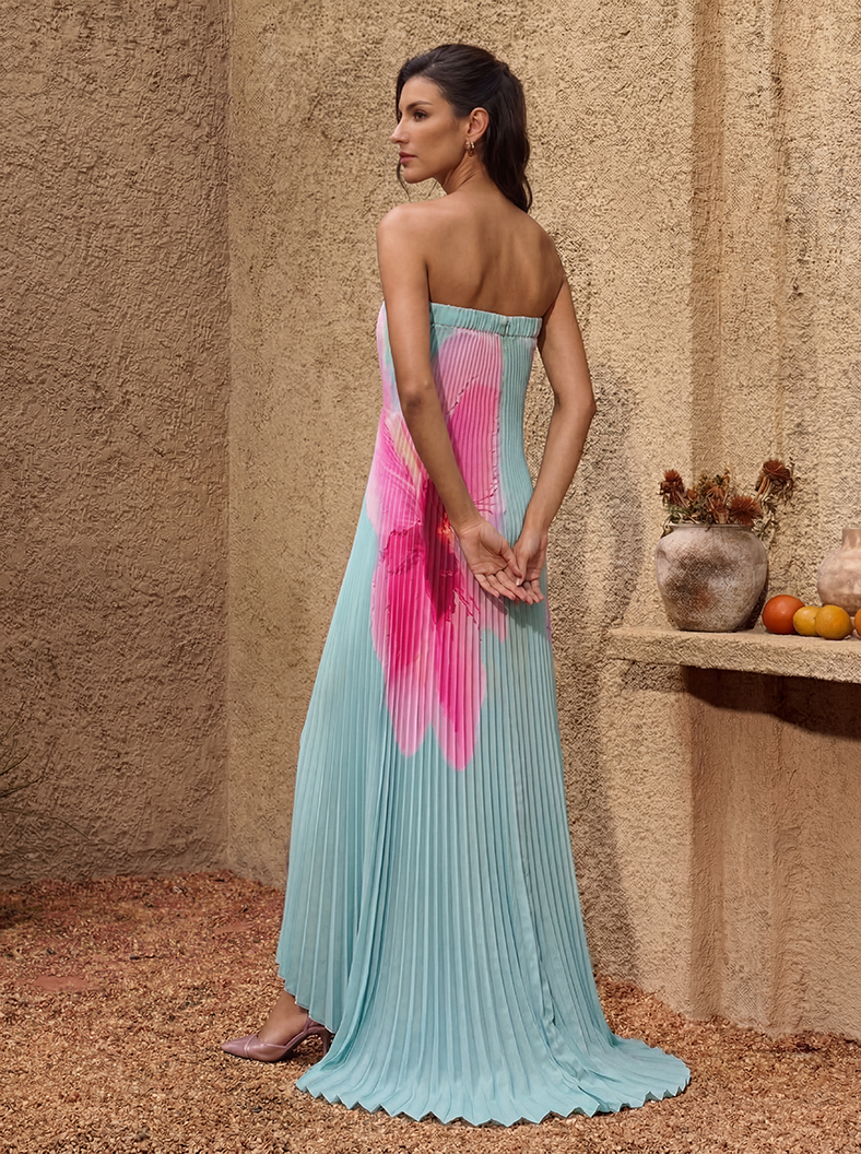 Vestido Maxi Floral Plisado Sin Tirantes Yexila